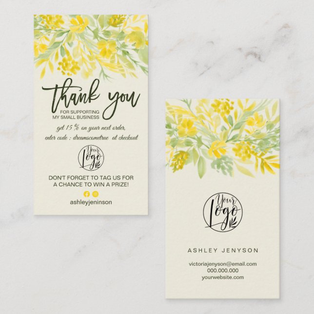Carte De Visite Logo du cool fleuri vert jaune commander merci (Devant / Derrière)