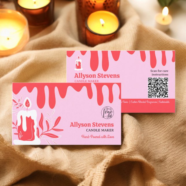 Carte De Visite Logo du fabricant artisanal de bougies rétro rouge (Red retro artisanal candle maker logo qr code business card)