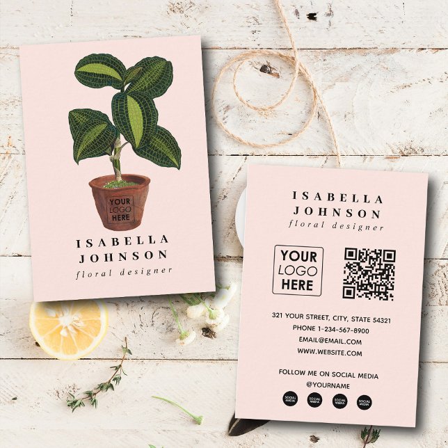 Carte De Visite Logo du fleuriste plante Code QR rose Médias socia (Plant Florist Logo Pink QR Code Social Media Business Card)