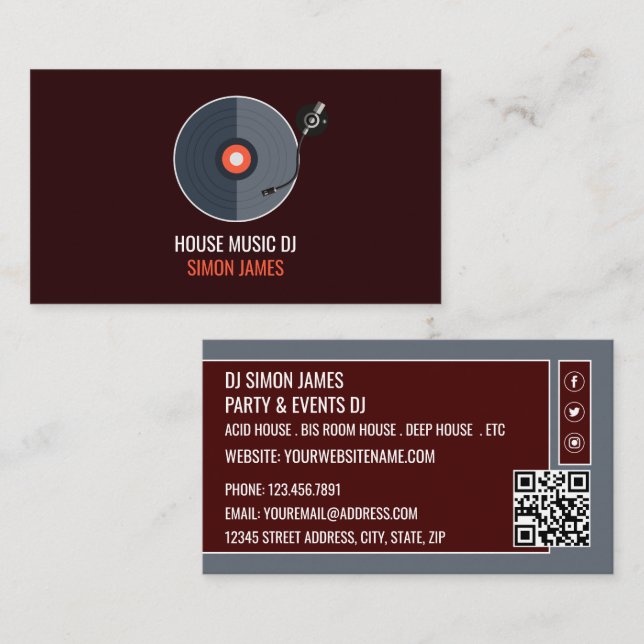 Carte De Visite Logo du lecteur d'enregistrement, DJ professionnel (Devant / Derrière)