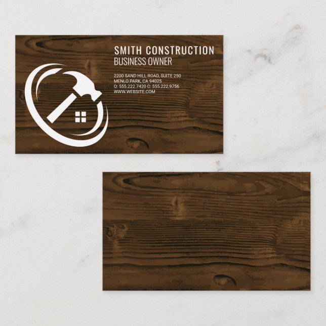 Carte De Visite Logo du marteau | Arrière - plan bois (Devant / Derrière)