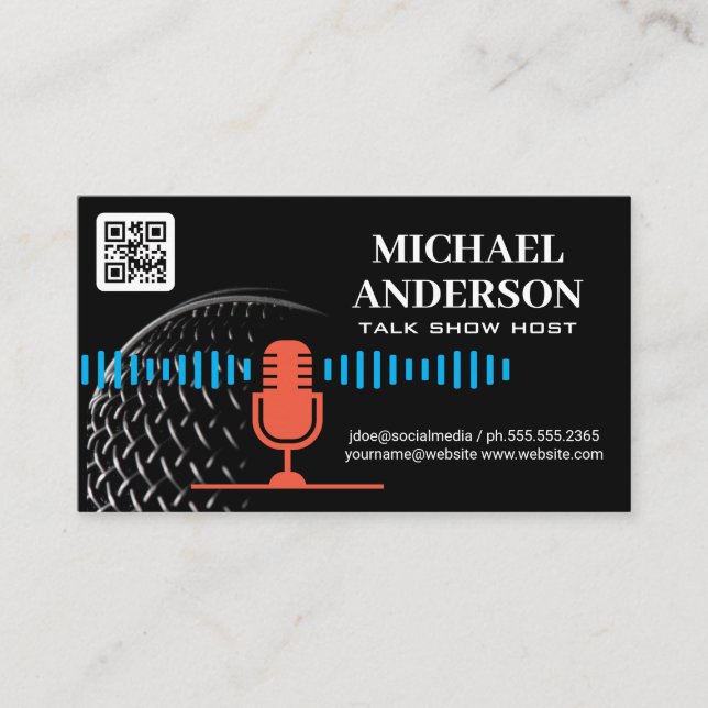 Carte De Visite Logo du microphone | Hôte Podcast | Code QR (Devant)