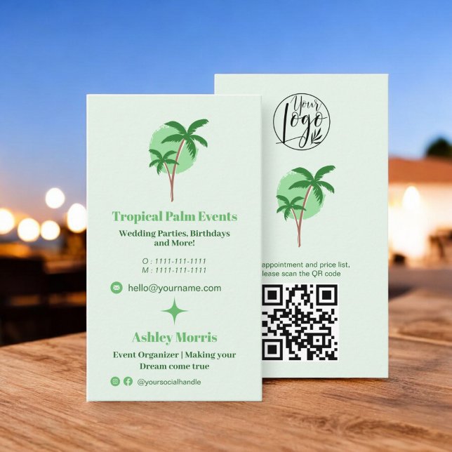 Carte De Visite Logo du planificateur d'événements tropicaux moder (Modern tropical event planner photo qr code logo business card)