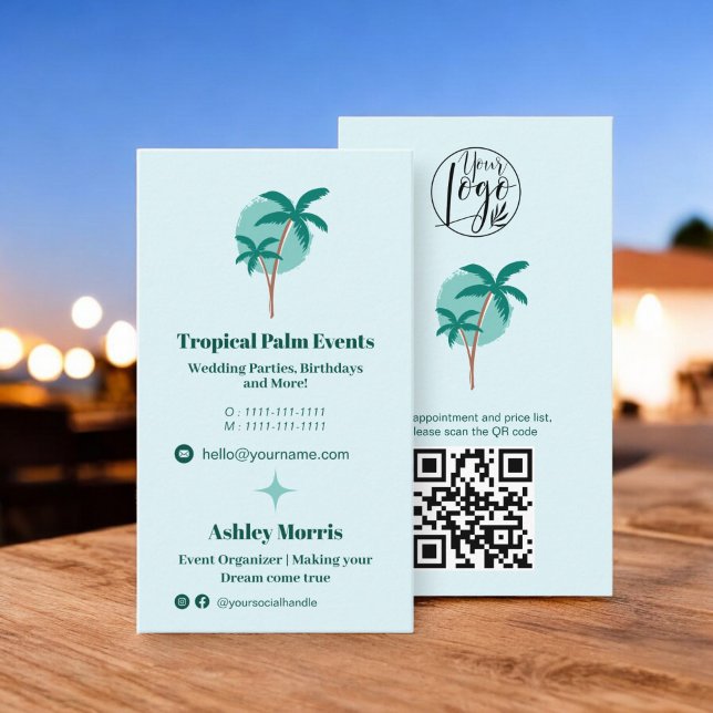 Carte De Visite Logo du planificateur d'événements turquoises (Modern teal event planner photo qr code logo business card)