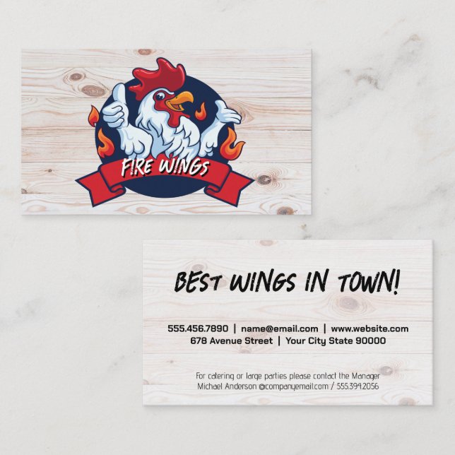 Carte De Visite Logo du poulet au feu | Arrière - plan bois (Devant / Derrière)