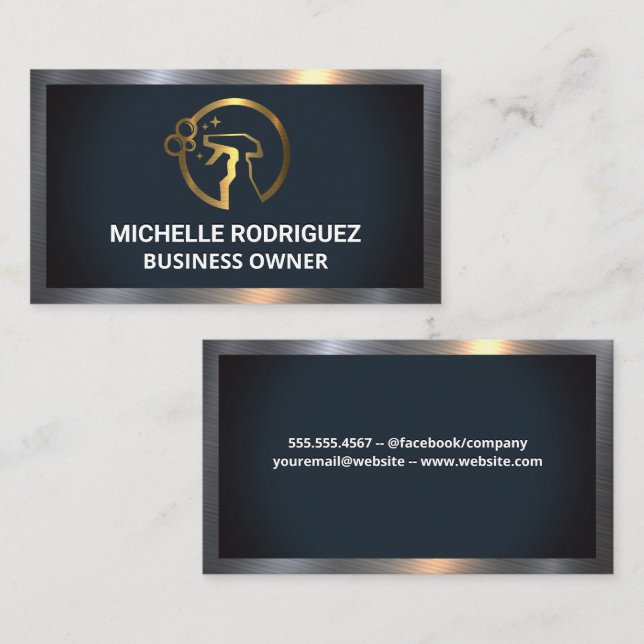 Carte De Visite Logo du Spray nettoyant | Bordure métallique (Devant / Derrière)