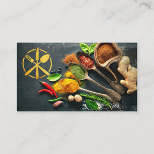Carte De Visite Logo d'ustensile d'or   Herbes et épices   Culinai