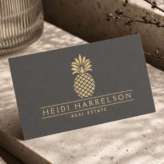 Carte De Visite Logo élégant d'ananas doré sur gris (Créateur téléchargé)