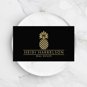 Carte De Visite Logo élégant en ananas doré sur noir
