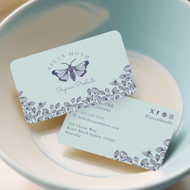 Carte De Visite Logo élégant et chic Turquoise et violet et fleurs (Elegant & Chic Teal & Purple Florals & Moth Logo Business Card)