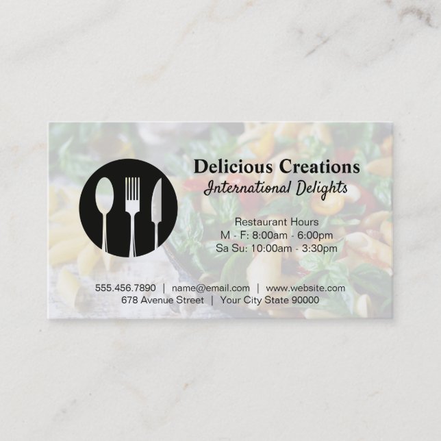 Carte De Visite Logo en argent | Arrière - plan de salade de pâtes (Devant)