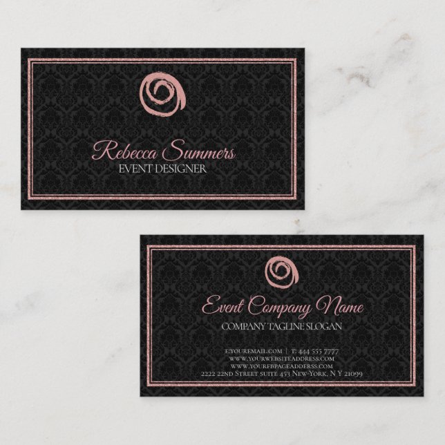 Carte De Visite Logo en or rose noir Damask (Devant / Derrière)