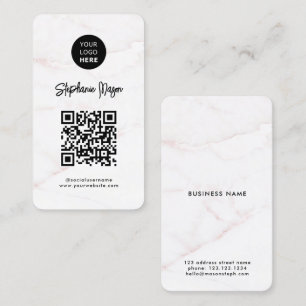 Carte De Visite Logo et code QR   Elégant marbre blanc rose or