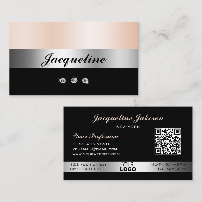 Carte De Visite Logo et code QR élégants Rose Gold Rhinestones (Devant / Derrière)