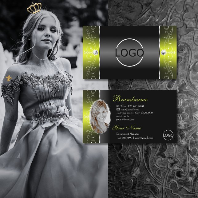 Carte De Visite Logo et photo de bijoux élégants Jaune Noir (Créateur téléchargé)
