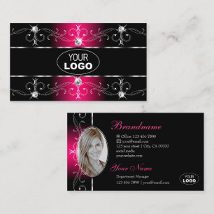 Carte De Visite Logo et photo Luxueux Black Pink Ornate Borders