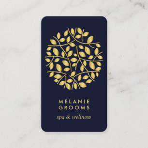 Carte De Visite Logo feuille or Bleu massage bien-être yoga