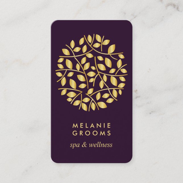 Carte De Visite Logo feuille or| Violet | massage bien-être yoga (Devant)