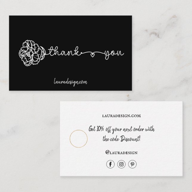 Carte De Visite Logo floral botanique noir Logo Merci minimal (Devant / Derrière)