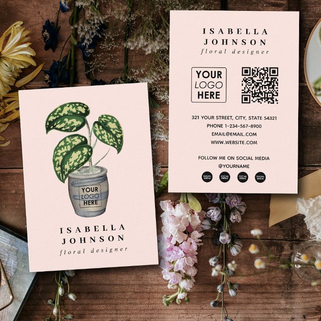 Carte De Visite Logo Floral Designer Rose QR Code Social Media (Floral Designer Logo Pink QR Code Social Media Business Card)