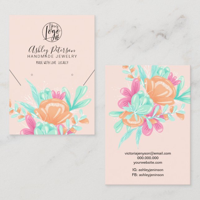 Carte De Visite Logo floral rose pastel collier de bijoux (Devant / Derrière)