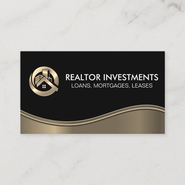 Carte De Visite Logo Gold Real Estate | Vague métallique (Devant)