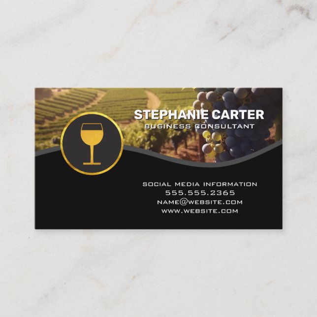 Carte De Visite Logo Gold Wine Glass | Vignoble de raisins (Devant)