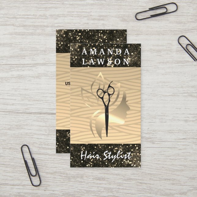 Carte De Visite Logo Golden Beauty | Parties scintillant Glamor (Devant/Arrière en situation)