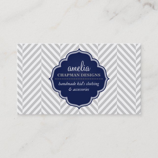 Carte De Visite LOGO herringbone moderne motif gris badge marine (Devant)