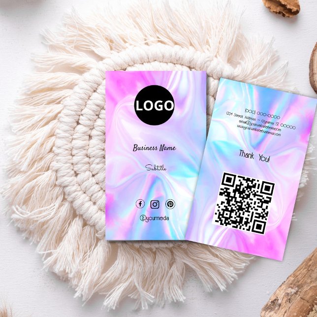 Carte De Visite Logo Holographique en pierre optique personnalisée (elegant,modern,rainbow,holographic,mineral opal,business card,qr code,professional business)