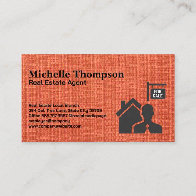 Carte De Visite Logo immobilier à vendre | Texture en tissu rouge (Devant)