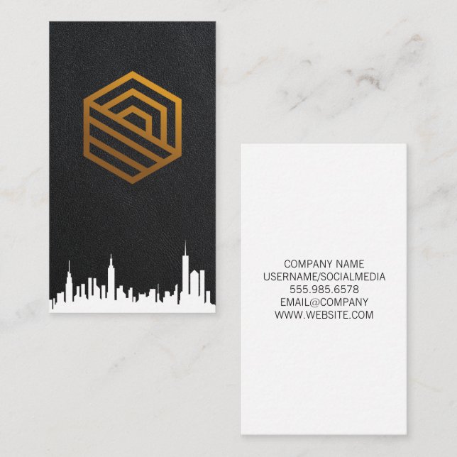 Carte De Visite Logo immobilier | CitySkyline | Fond en cuir (Devant / Derrière)