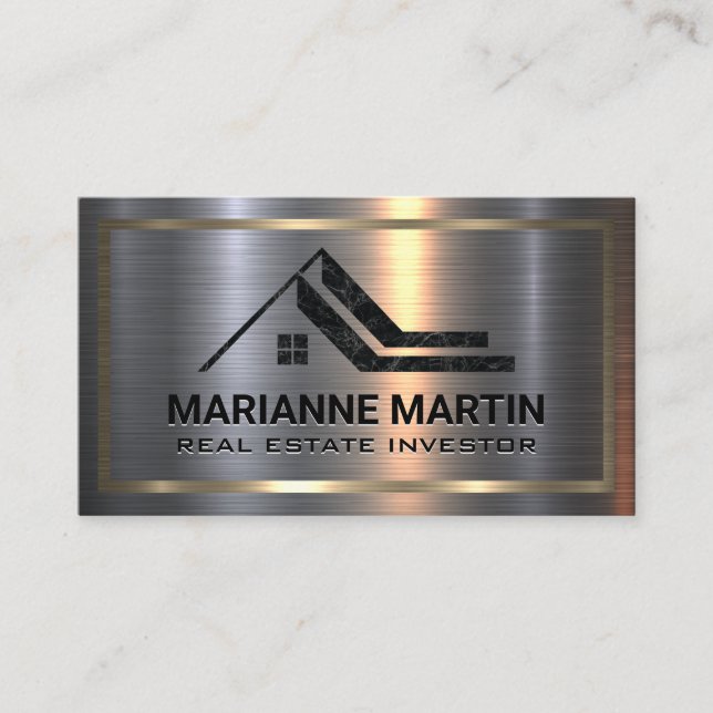 Carte De Visite Logo immobilier en marbre | Métal brossé (Devant)