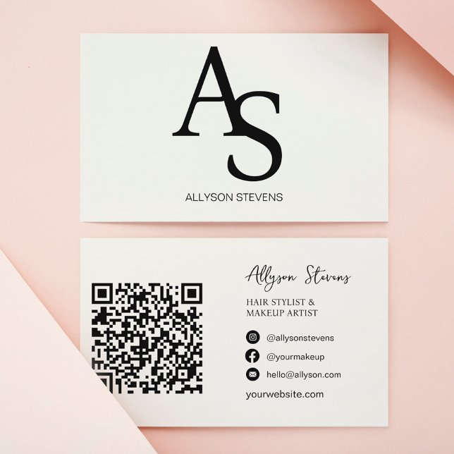 Carte De Visite Logo initiales noir blanc maquillage cheveux code  (Créateur téléchargé)