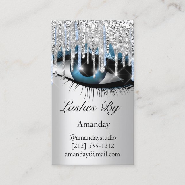 Carte De Visite Logo Lashes maquillage Artiste Argent Bleu QR Code (Devant)