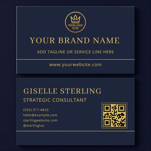 Carte De Visite Logo Luxe Bleu Or Code QR (Créateur téléchargé)