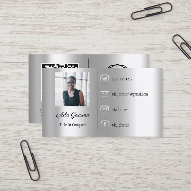 Carte De Visite Logo Médias sociaux QR Code Photo Silver Grey (Devant/Arrière en situation)