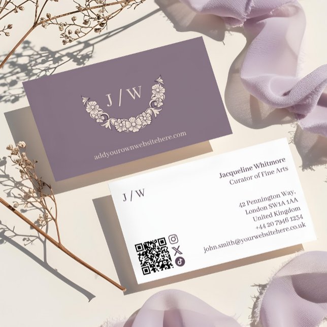 Carte De Visite Logo miniature en germe de luxe Monogramme QR Code (Luxury Minimal Floral Wreath Logo Monogram QR Code Business Card)