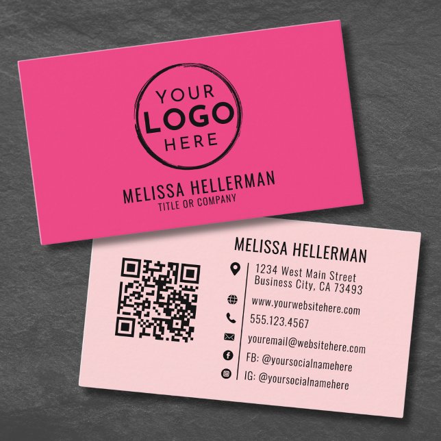 Carte De Visite Logo minimaliste moderne rose Fille Code QR (Girly Pink Modern Minimalist Logo QR Code Business Card )