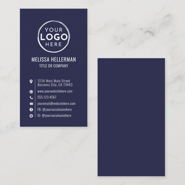 Carte De Visite Logo Minimaliste Vertical Moderne Bleu Marine (Devant / Derrière)