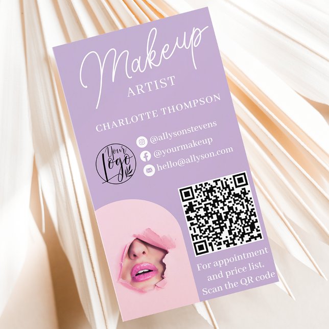 Carte De Visite Logo moderne de maquillage lavande Qr code 2 photo (Modern lavender makeup logo Qr code 2 photos Business Card)