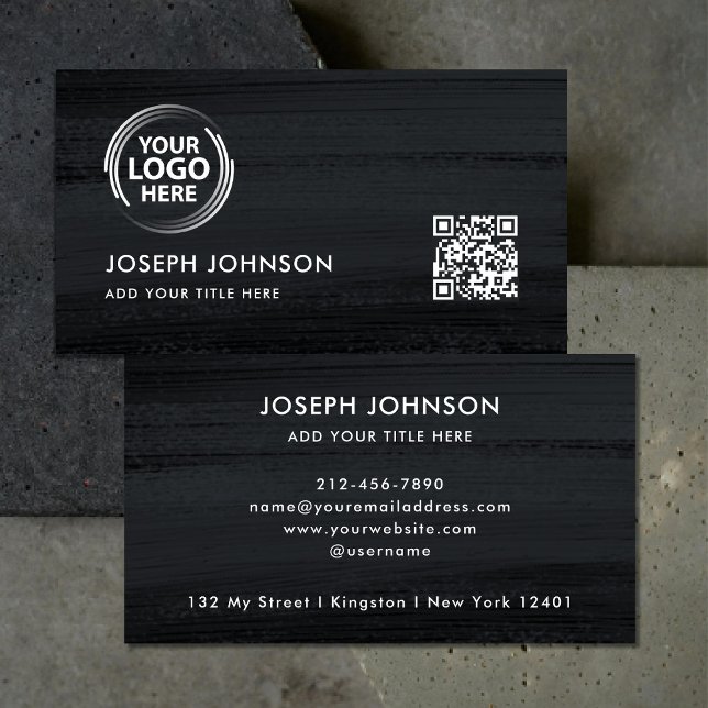 Carte De Visite Logo moderne noir blanc Brush gris foncé Code QR (Créateur téléchargé)