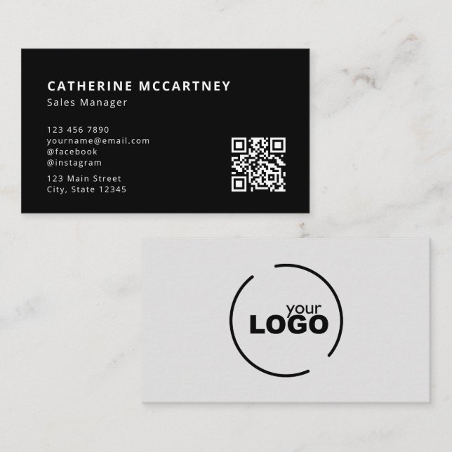 Carte De Visite Logo moderne professionnel QR Code gris et noir (Devant / Derrière)