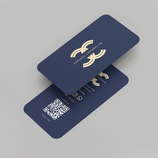Carte De Visite Logo Monogramme C Initial Dark Blue Gold (Modern Monogram Initial Reversed C Elegant Professional Logo Dark blue Gold QR code Business Card)