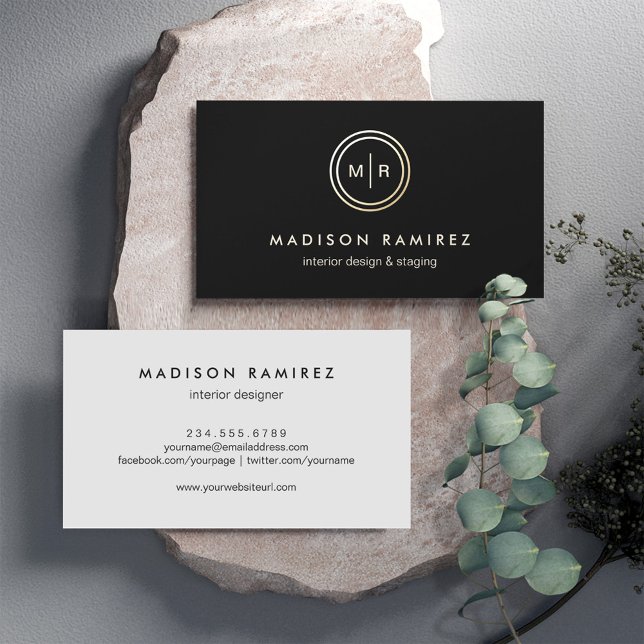 Carte De Visite Logo Monogramme Cercle moderne Classé Blanc Noir (Créateur téléchargé)