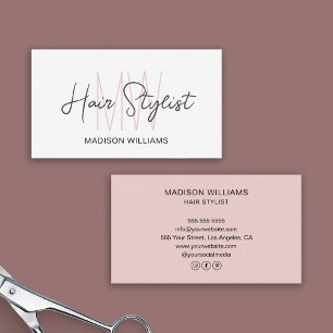 Carte De Visite Logo Monogramme de Coiffeur Blanc Rose Pâle