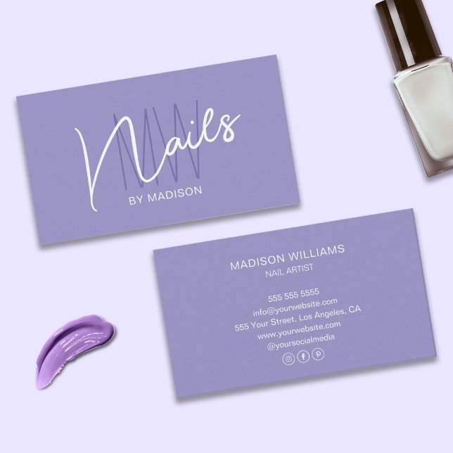 Carte De Visite Logo Monogramme moderne Artiste ongle violet (Modern Monogram Logo Purple Nail Artist Business Card)
