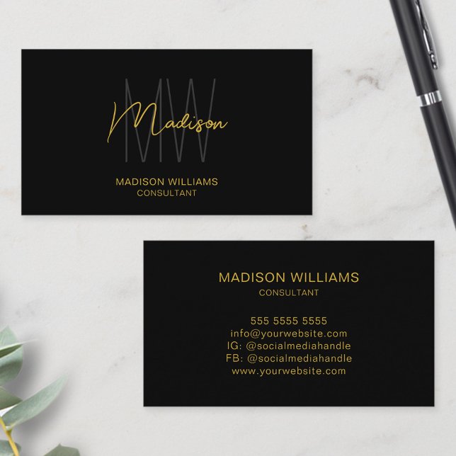 Carte De Visite Logo Monogramme moderne Black Gold Consultant (Modern Monogram Logo Black Gold Consultant Business Card)