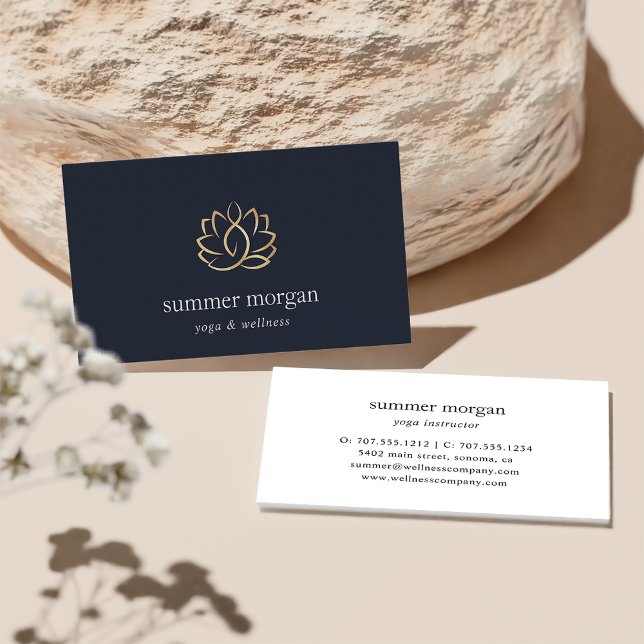 Carte De Visite Logo Navy & Gold Lotus | Méditation Yoga Wellness (Créateur téléchargé)