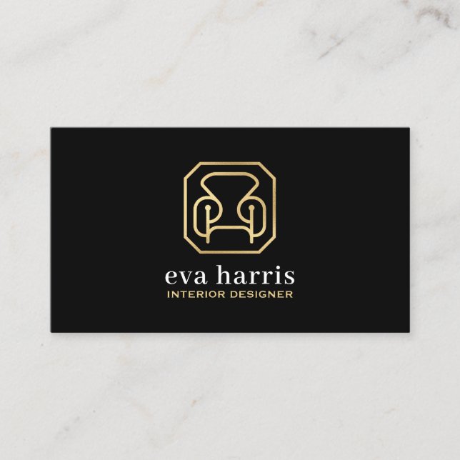 Carte De Visite Logo noir & or élégant du concepteur d'intérieur (Devant)